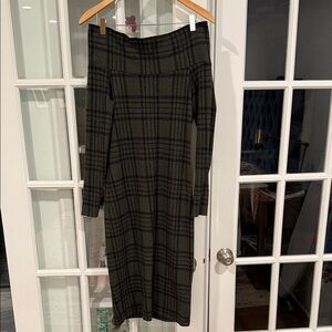 Banana Republic Olive and Black Plaid Long Sleeve Off-Shoulder Midi Dress